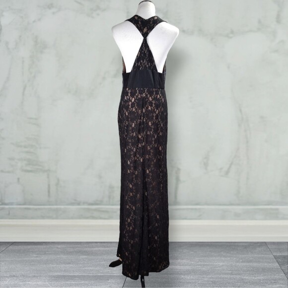 BCBGMaxazria Serafina Lace Overlay Formal Dress Size 12 Black Front Split Plunge - Picture 3 of 16